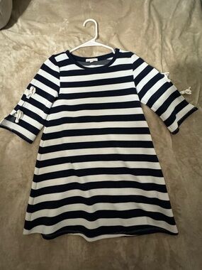 Copper Key Navy and White Striped A-Line Dress with Sleeve Bows
